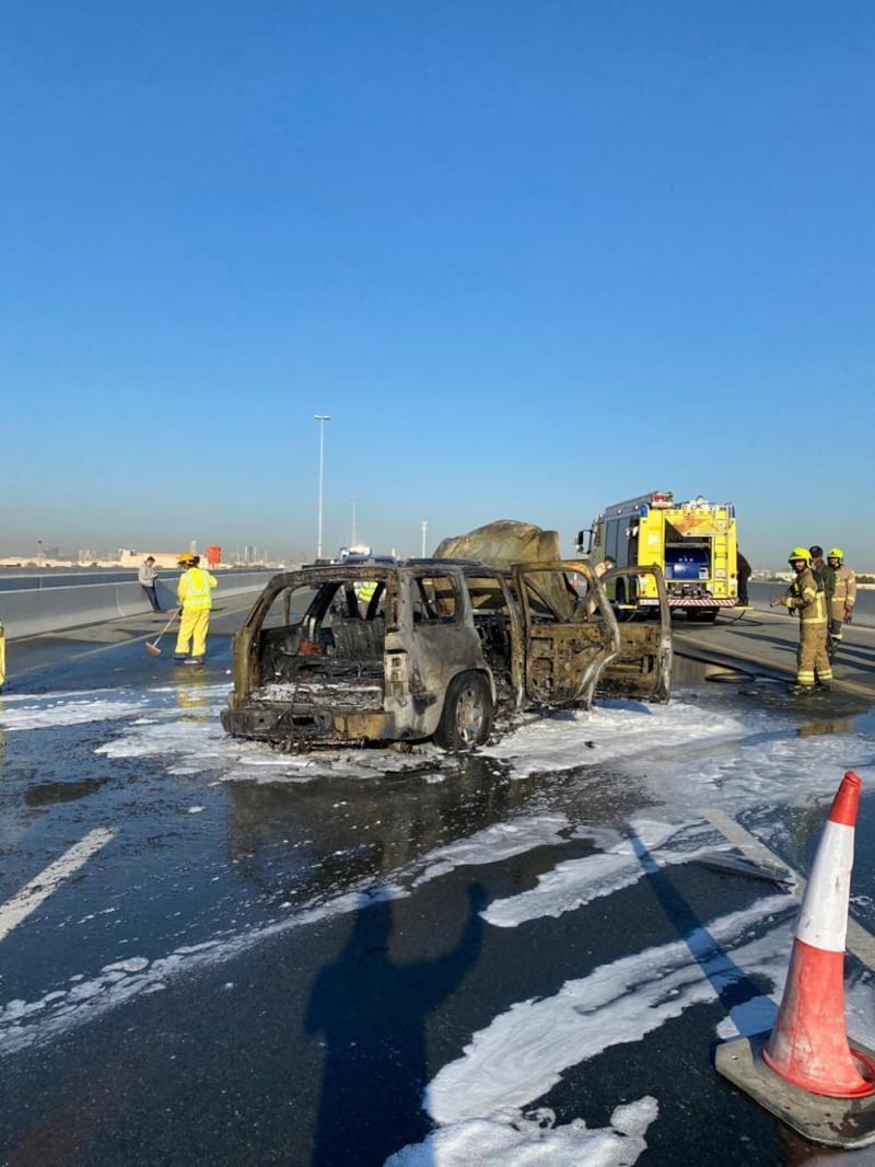 The car was destroyed in the incident. Dubai Civil Defence