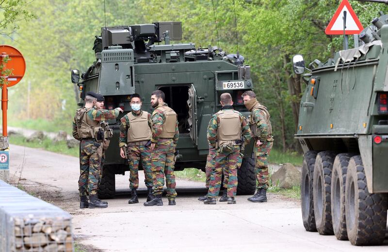 LIMBURG, BELGIUM - MAY 20: Security forces take measures as the operation launched to find the radical right-wing soldier named Jurgen Conings, who escaped from his unit in Belgium with heavy weapons, in forested land in Limburg, Belgium on May 20, 2021. (Photo by Dursun Aydemir/Anadolu Agency via Getty Images)