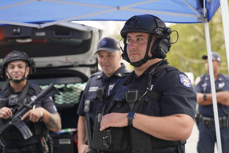 An NYPD officer in combat gear stands near UN headquarters. Willy Lowry / The National