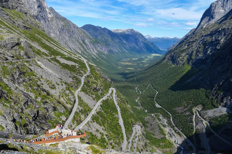 Scenes of Trollstigen lookout pointt overlooking the valley in August 9th 2017 in Norway.