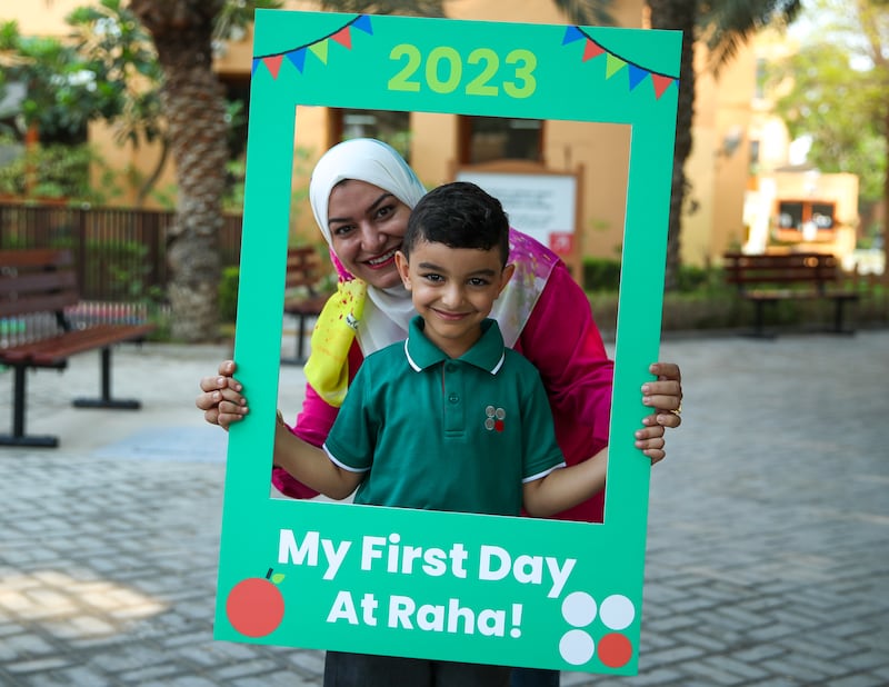 Pupils arrive on the first day of school at Raha International School Abu Dhabi. Victor Besa / The National