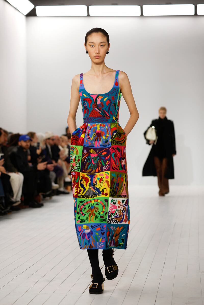 The one colourful dress in the Chloe collection was patchworked from embroidered squares. EPA 