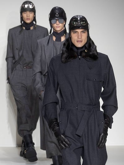 Vintage aviator suit-inspired creations at the autumn/winter 2023-2024 collection by Italian designer Giorgio Armani. EPA
