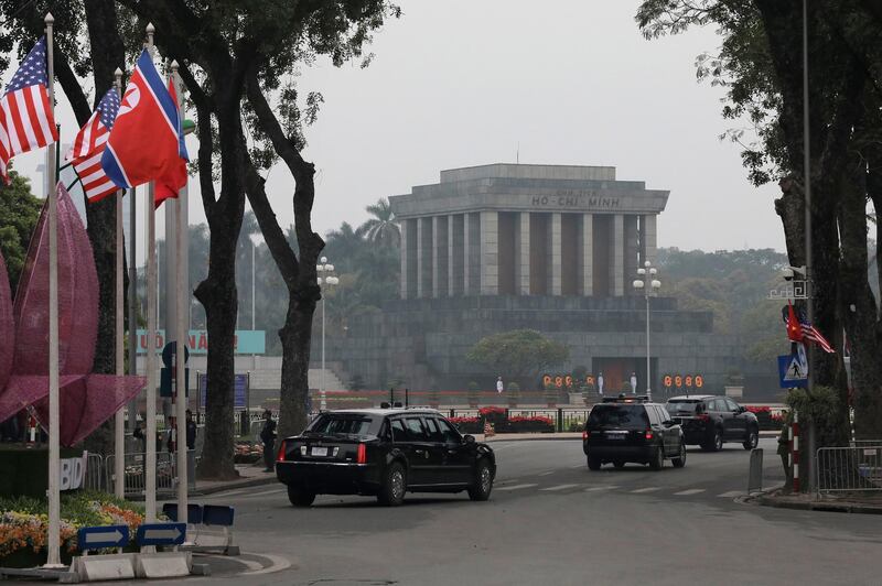 The motorcade carrying US President Donald Trump drives past Ho Chi Minh Mausoleum in Hanoi, Vietnam. AP Photo