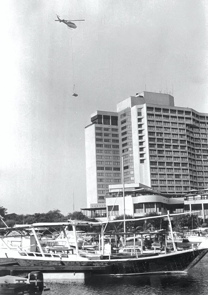 A table being flown into the hotel for the first GCC summit in 1981. This is the table where the six heads of state signed a document to form the GCC.