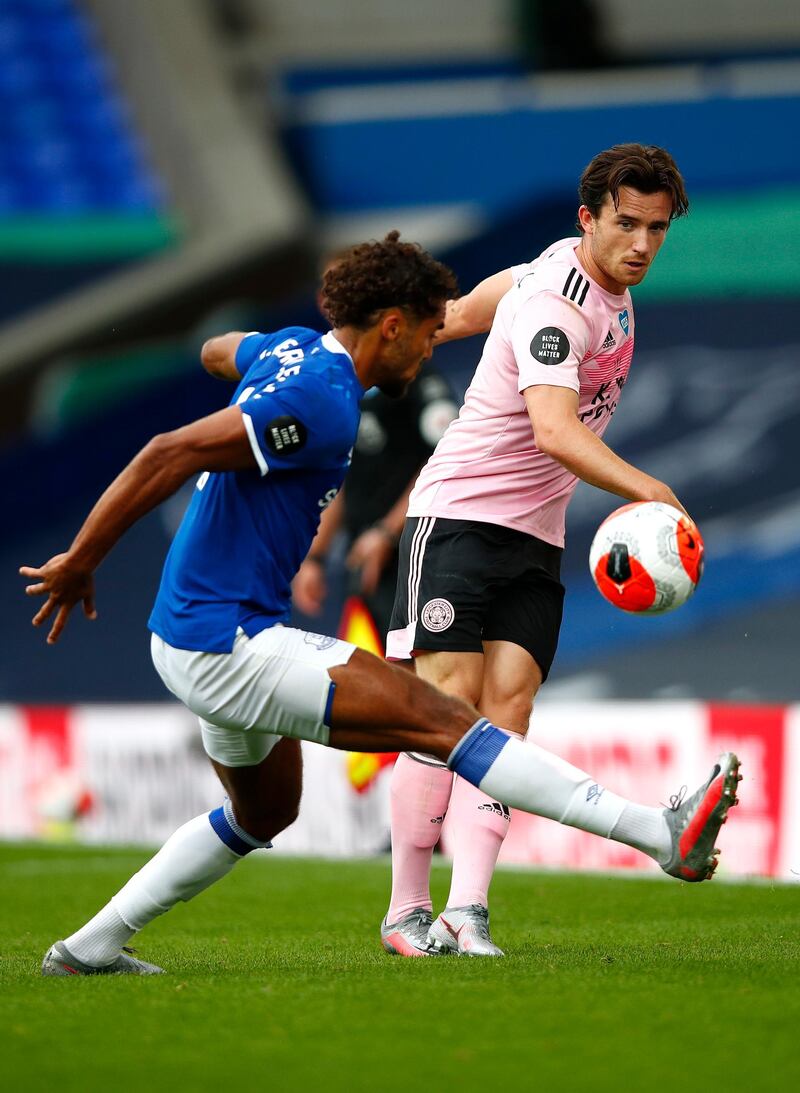 Ben Chilwell of Leicester City takes on Dominic Calvert-Lewin of Everton. Getty