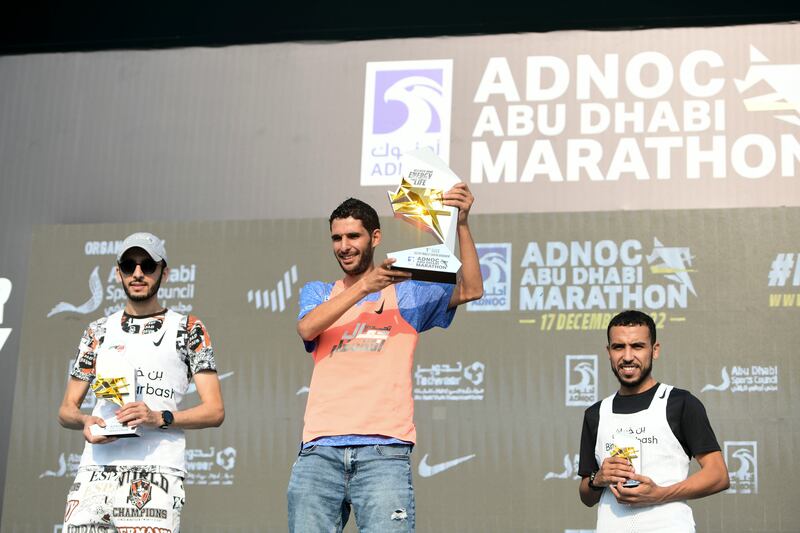 From left: second place Noaman El Assaoui, winner Anouar El Ghouz, and Ismail El Kharchi on the 10km run podium