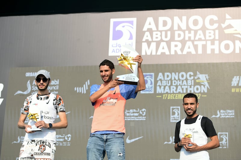 From left: second place Noaman El Assaoui, winner Anouar El Ghouz, and Ismail El Kharchi on the 10km run podium