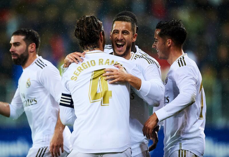 Sergio Ramos celebrates his goal against Eibar with Eden Hazard. Getty Images