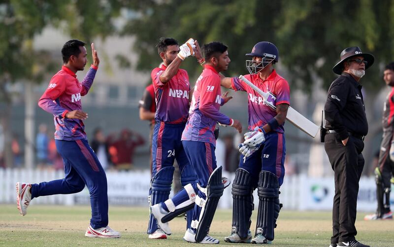 DUBAI , UNITED ARAB EMIRATES , January 28 – 2019 :- Players of Nepal celebrating after Nepal won the match by 4 wickets in the one day international cricket match between UAE vs Nepal held at ICC cricket academy in Dubai. ( Pawan Singh / The National ) For Sports. Story by Paul