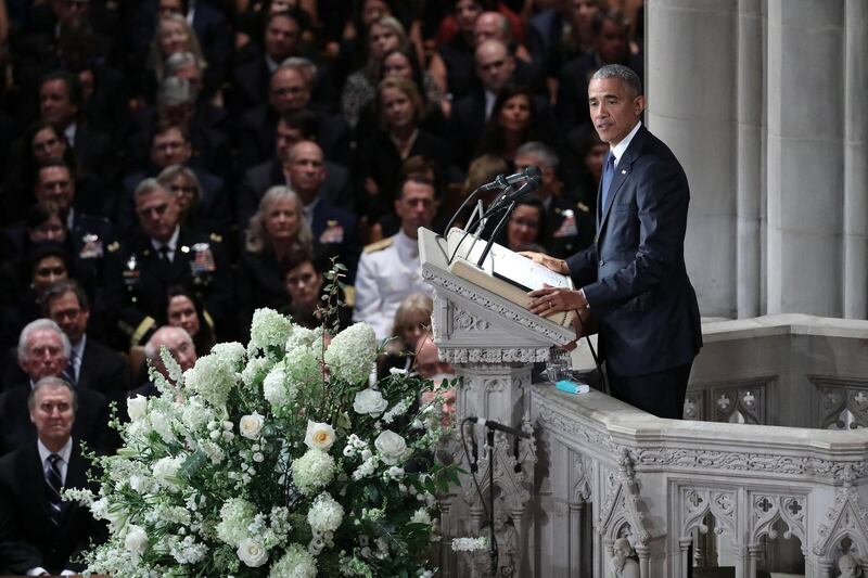 Former US President Barack Obama speaks at the memorial service of  John McCain. Reuters