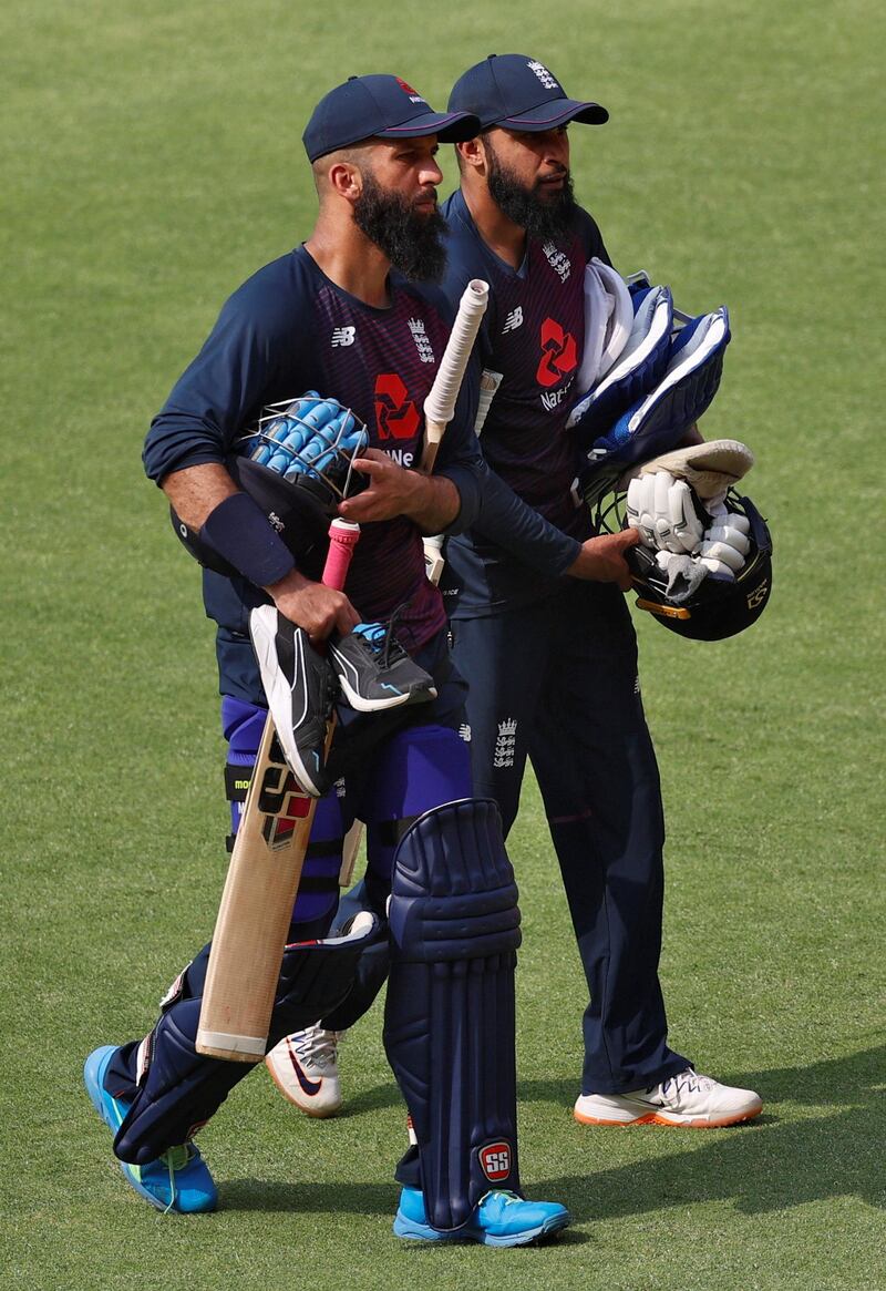 England's Adil Rashid and Moeen Ali at the practice session in Ahmedabad on Thursday. Reuters