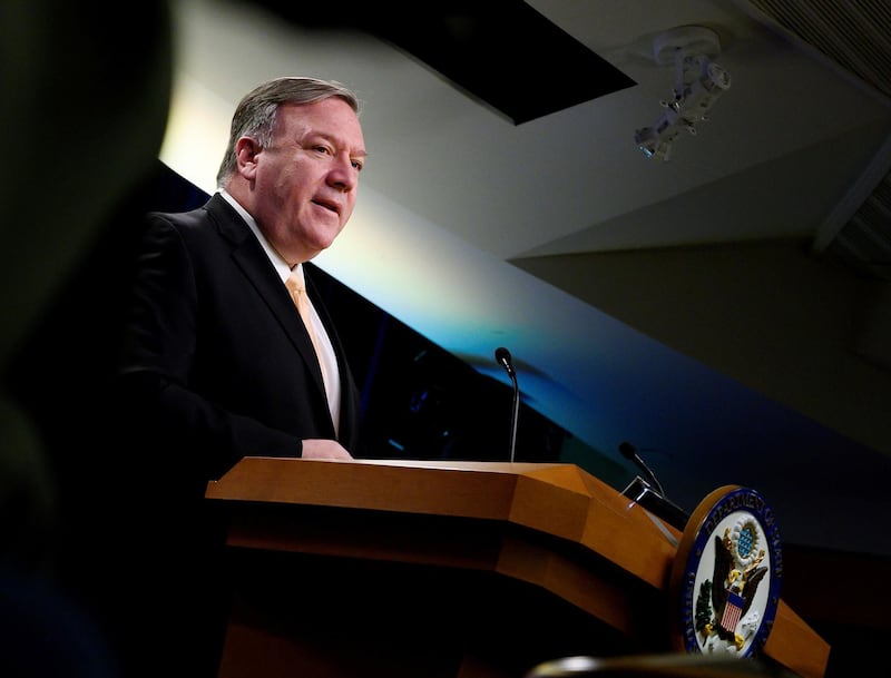 (FILES) In this file photo taken on April 22, 2019, US Secretary of State Mike Pompeo speaks during a press conference at the US Department of State in Washington, DC. The US on April 30, 2019, threw its full weight behind Venezuela's self-proclaimed acting president Juan Guaido, as the opposition leader said troops had joined his campaign to oust President Nicolas Maduro. "Today interim President Juan Guaido announced start of Operacion Libertad," tweeted Pompeo, as Maduro's government vowed to put down what it called an attempted coup. / AFP / ANDREW CABALLERO-REYNOLDS
