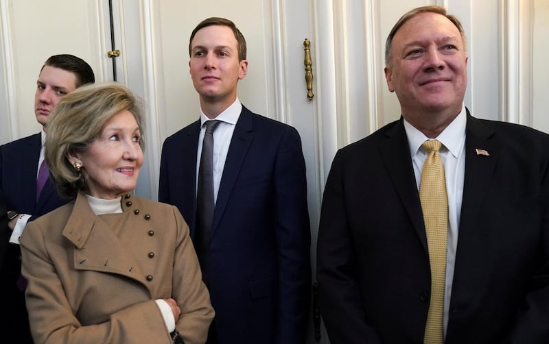 US Ambassador to NATO Kay Bailey Hutchison looks at US Secretary of State Mike Pompeo next to White House senior advisor Jared Kushner during the meeting of US President Donald Trump and NATO Secretary General Jens Stoltenberg, ahead of the NATO summit in Watford, in London. Reuters