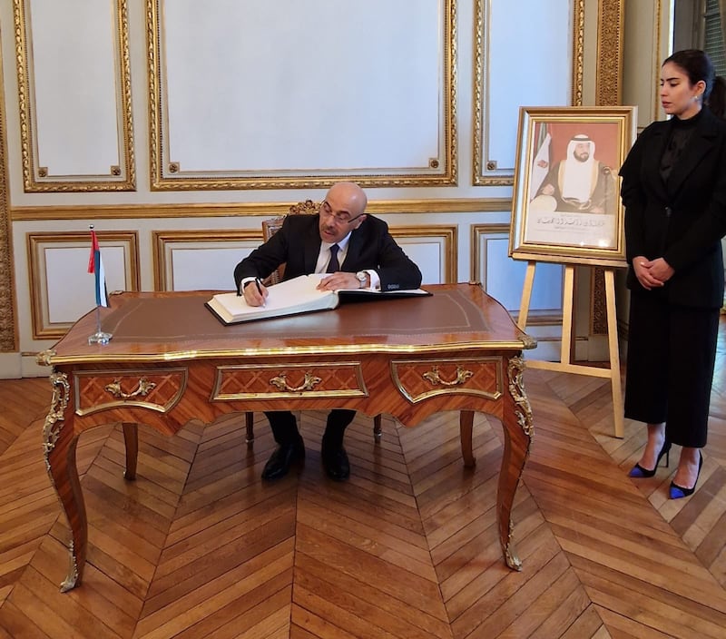 Hind Al Otaiba, ambassador of the UAE in France, receives several diplomats and guests at the embassy in Paris to offer their condolences. Photo: UAE embassy France