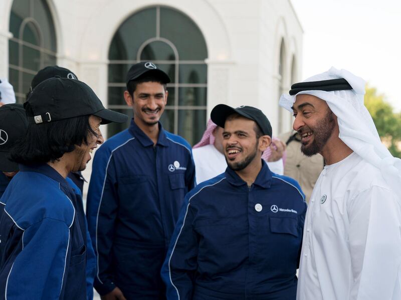 ABU DHABI, UNITED ARAB EMIRATES - June 11, 2018: HH Sheikh Mohamed bin Zayed Al Nahyan, Crown Prince of Abu Dhabi and Deputy Supreme Commander of the UAE Armed Forces (R) receives members of the Zayed Higher Organization, during an iftar reception at Al Bateen Palace. 
��(��Mohamed Al Hammadi / Crown Prince Court - Abu Dhabi )
---