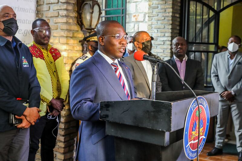 Haiti’s interim Prime Minister Claude Joseph speaks during a press conference in Port-au Prince on July 11.