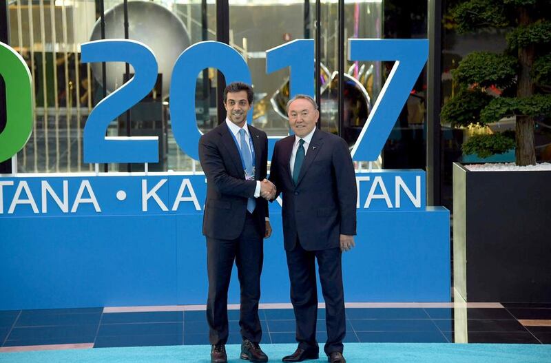 Sheikh Mansour bin Zayed, the Deputy Prime Minister and Minister of Presidential Affairs,  meets Nursultan Nazarbayev, the president of Kazakhstan at the opening of the Astana Expo in the Kazakhstan capital. Wam 

