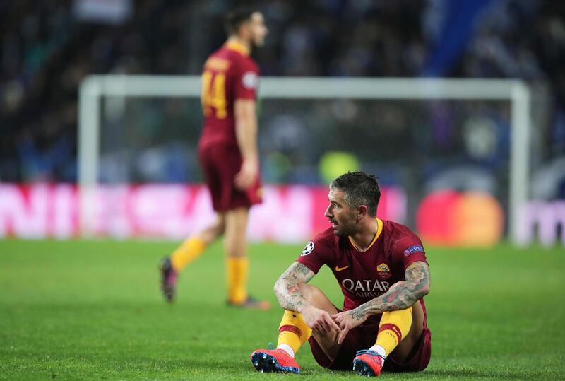 Roma defender Aleksandar Kolarov disappointed at the end of their Uefa Champions League last-16 second-leg defeat to Porto. Luis Vieira / AP Photo