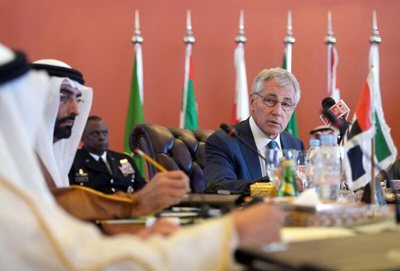 US defence secretary Chuck Hagel, right, sought to assure his GCC counterparts that America will not compromise the Gulf’s security in its nuclear pact with Iran. He was speaking at the opening session of the US-GCC Strategic Defence Dialogue in Jeddah on May 14, 2014. Mandel Ngan/Reuters
