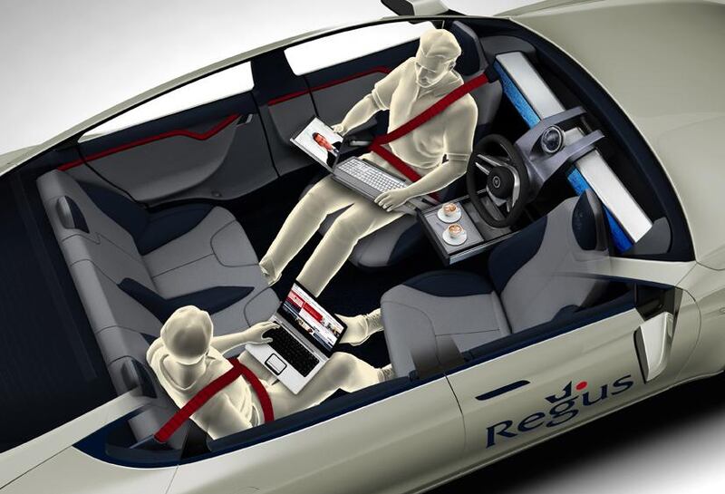 The XchangE, which will be displayed at the Geneva Motor Show in March, allows the front seats to swivel backwards, creating a work and meeting space for four people. Courtesy photo