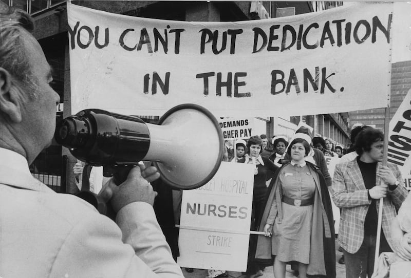 Nurses demonstrating outside the Ministry of Health, London, in 1974. Getty Images
