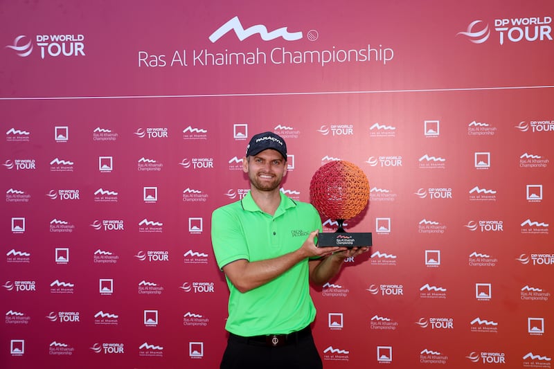 Daniel Gavins with the Ras Al Khaimah Championship trophy after his victory. Getty 
