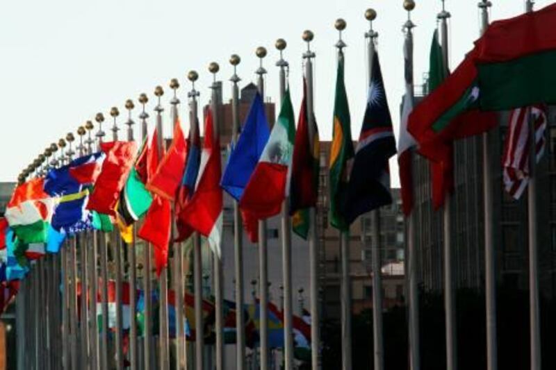 Flags flutter in the wind outside United Nations headquarters in New York 24 September 2007, on the eve of the UN General Assembly.       