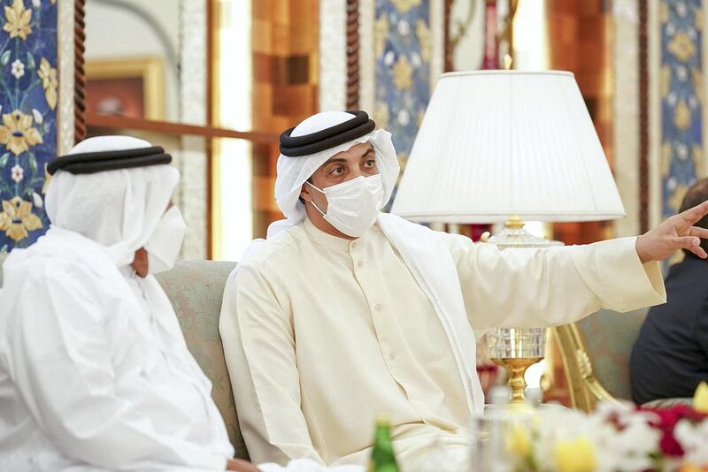 GHANTOOT, ABU DHABI, UNITED ARAB EMIRATES - November 18, 2020: HH Sheikh Mansour bin Zayed Al Nahyan, UAE Deputy Prime Minister and Minister of Presidential Affairs (R), attends a tripartite summit between the UAE, Bahrain and Jordan. 

( Rashed Al Mansoori / Ministry of Presidential Affairs )
---