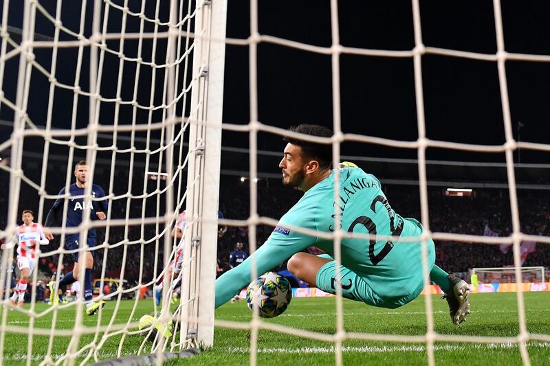 Tottenham goalkeeper Paulo Gazzaniga makes a save. Getty