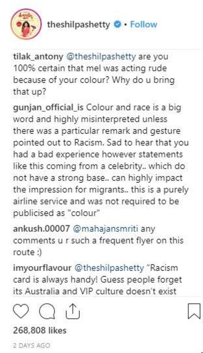 Commenters didn't all agree with Shilpa Shetty's racism accusations. Instagram