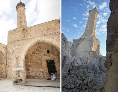 Before and after shots showing the destruction Al Amri Mosque in Gaza. Photo: Municipality of Gaza