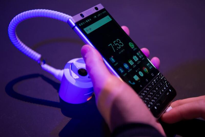 The new BlackBerry Key One is displayed at the Mobile World Congress centre. Josep Lago / AFP