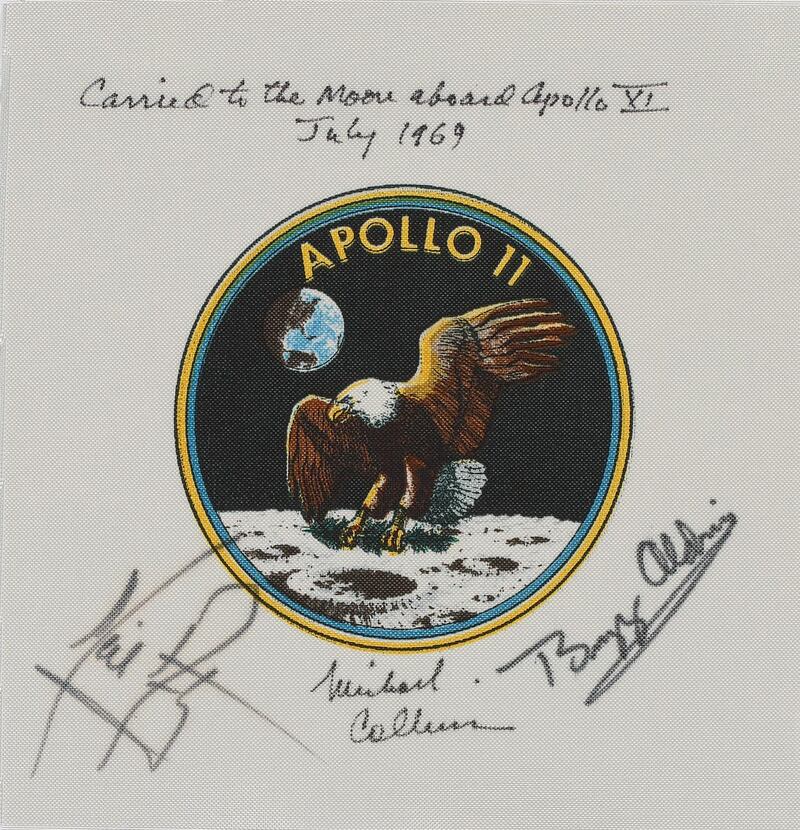 Command module pilot Michael Collins’ crew-signed Apollo 11 emblem, and one of the very few flown artefacts to be signed by Neil Armstrong. Estimate: Dh146,918 to Dh220,378