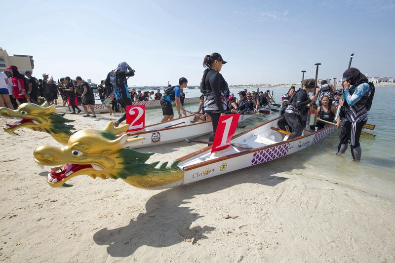 Abu Dhabi, United Arab Emirates - Teams preparing for the race at the Dragon Boat Festival Abu Dhabi.  Leslie Pableo for The National