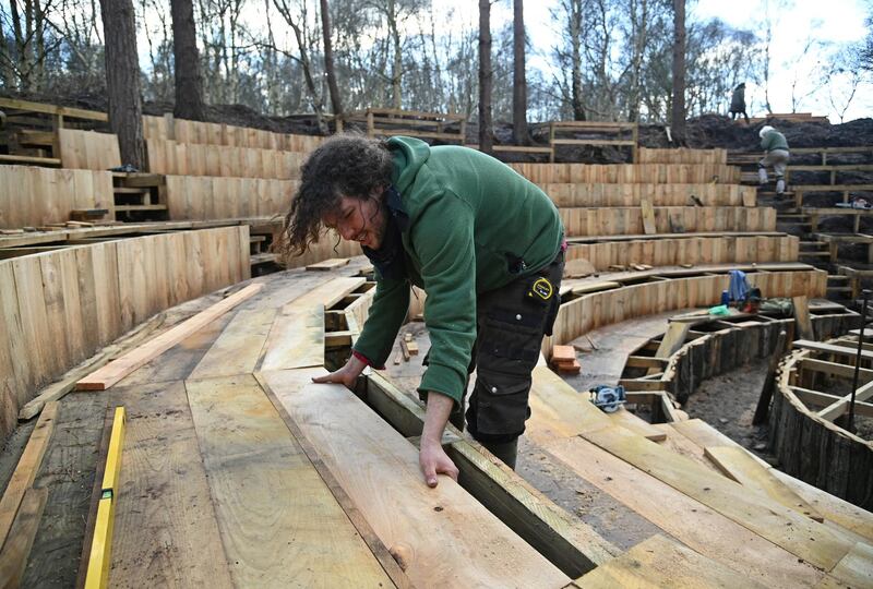 Theatre creator Silas Rayner continues with construction work on the "Thorington Theatre in the Woods", a 350 seat capacity performance space, designed by festival business owner Rayner, which is made with local coppiced wood in order to be truly sustainable and set in a natural woodland amphitheatre in Lindy O'Hare's farm estate, amid the spread of the coronavirus disease (COVID-19), near Southwold, Britain. Reuters