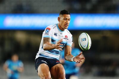 AUCKLAND, NEW ZEALAND - APRIL 06: Israel Folau of the Waratahs chases down the ball during the round 8 Super Rugby match between the Blues and Waratahs at Eden Park on April 06, 2019 in Auckland, New Zealand. (Photo by Anthony Au-Yeung/Getty Images)