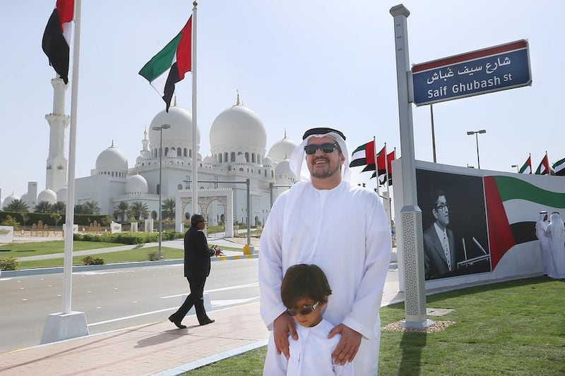 Saeed Saif Ghubash and his son Saif, were at the street naming ceremony near the Zayed Grand Mosque on February 18, where the street was renamed Saif Ghubash Street, after his father and Saif’s grandfather. Delores Johnson / The National