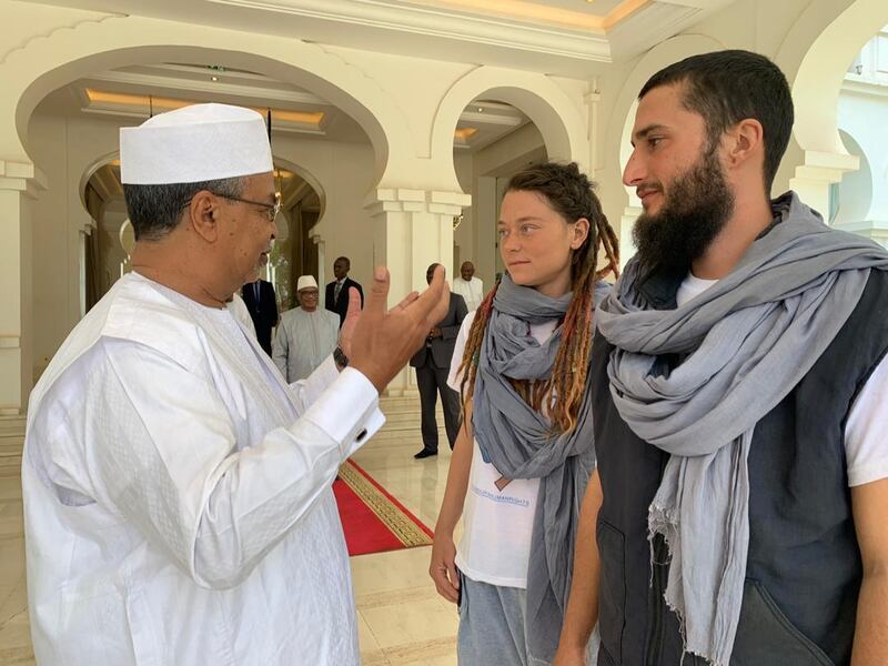 Canadian Edith Blais and Italian Luca Tachchetto meet Mahamat Saleh Annadif, head of the United Nations Multidimensional Integrated Stabilization Mission in Mali (MINUSMA), after they were freed. MINUSMA, HO