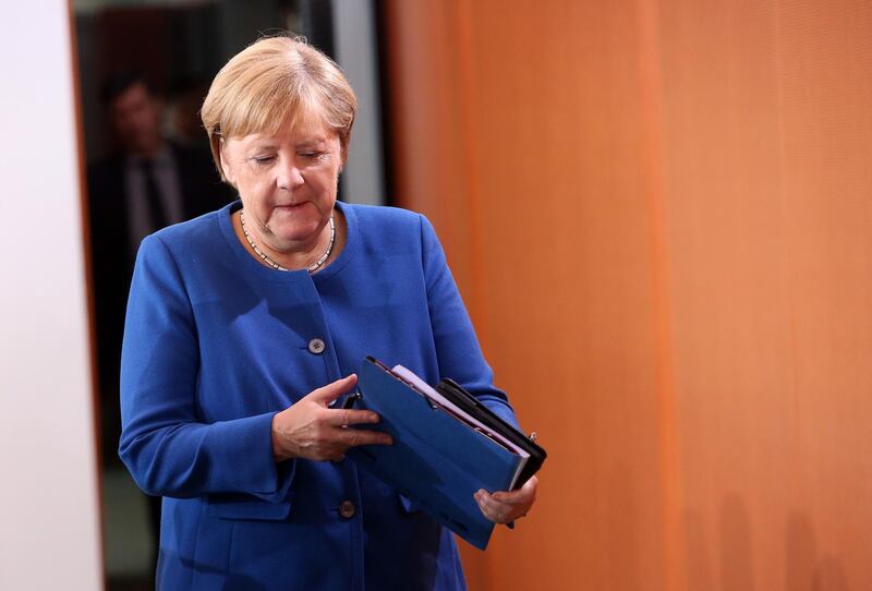 BERLIN, GERMANY - OCTOBER 02: German Federal Chancellor Angela Merkel (CDU) arrives for the weekly German federal Cabinet meeting on October 02, 2019 in Berlin, Germany. High on the meeting's agenda was discussion of the federal budget. (Photo by Adam Berry/Getty Images)