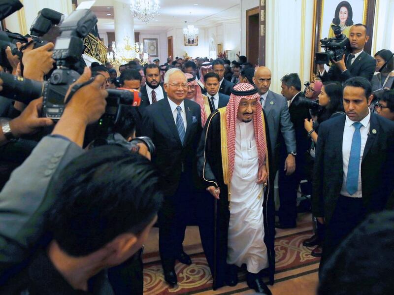 Saudi Arabia’s King Salman and Malaysia’s prime minister Najib Razak arrive for a Memorandum of Understanding signing ceremony in Putrajaya on February 27, 2017. Edgar Su / Reuters