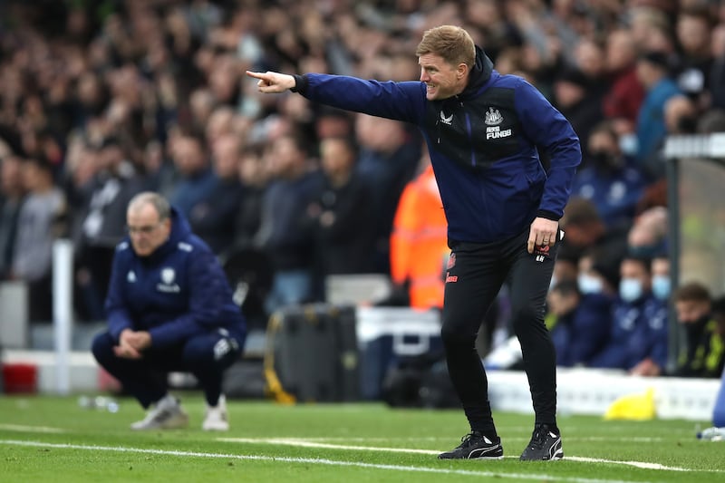 Newcastle manager Eddie Howe with his Leeds counterpart Marcelo Bielsa in the background. Getty