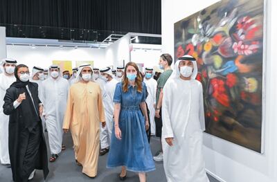 Sheikh Mohammed bin Rashid, Vice President and Ruler of Dubai, attended the official opening of Art Dubai on Friday, accompanied by Noura Al Kaabi, Minister of Culture and Youth, and led through the fair by Benedetta Ghione, executive director of Art Dubai. Photo: Dubai Media Office