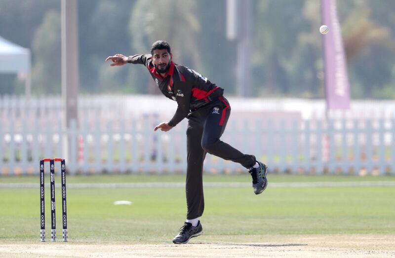 ABU DHABI , UNITED ARAB EMIRATES , October 24  – 2019 :- Ahmed Raza of UAE bowling during the World Cup T20 Qualifiers between UAE vs Nigeria held at Tolerance Oval cricket ground in Abu Dhabi. UAE won the match by 5 wickets.  ( Pawan Singh / The National )  For Sports. Story by Paul