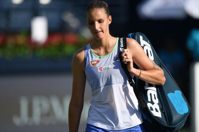 Czech Republic's Karolina Pliskova leaves after loosing to Kazakhstan's Elena Rybakina  during the WTA Dubai Duty Free Tennis Championship, at the Dubai Tennis Stadium in the United Arab Emirates on February 20, 2020.  / AFP / KARIM SAHIB
