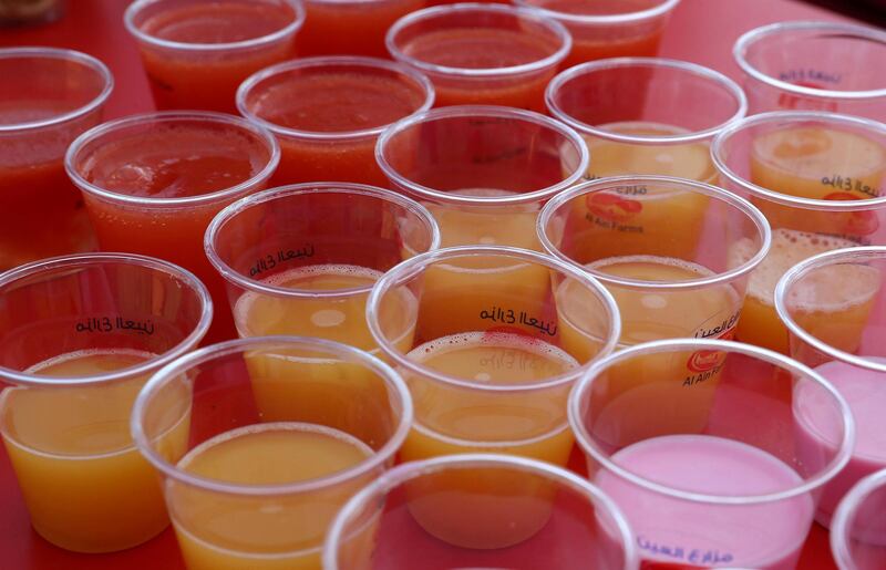 ABU DHABI , UNITED ARAB EMIRATES ,  November 9 , 2018 :- Different types of juice on display at the Al Ain farms stall during the Taste of Abu Dhabi held at Du Arena on Yas Island in Abu Dhabi.  ( Pawan Singh / The National )  For News/Online/Instagram