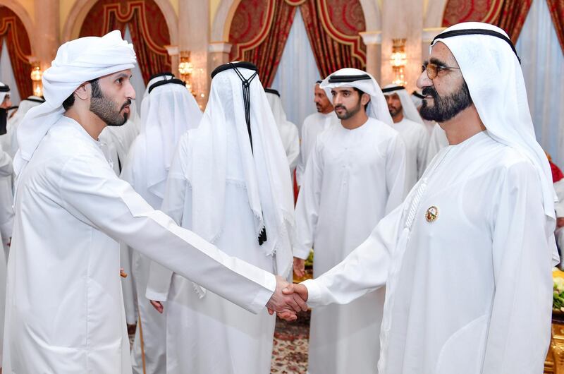 Sheikh  Mohammed bin Rashid exchanges Ramadan greetings with a guest.