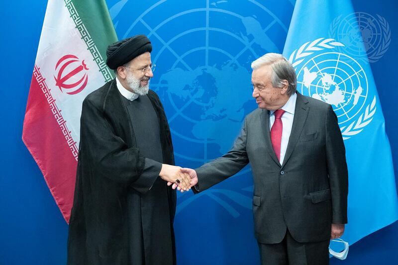 United Nations Secretary-General Antonio Guterres, right, and Mr Raisi on the sidelines of the 77th session of the United Nations General Assembly at the UN headquarters in New York City on September 22, 2022.  AFP