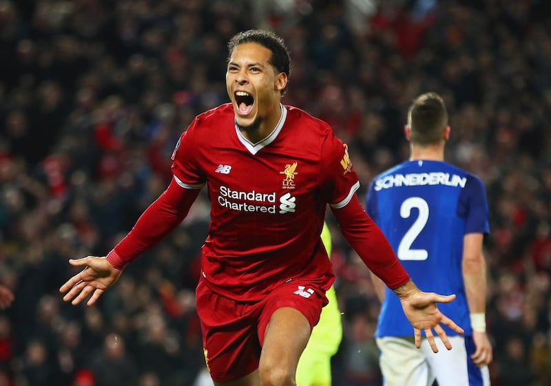 LIVERPOOL, ENGLAND - JANUARY 05:  Virgil van Dijk of Liverpool celebrates as he scores their second goal during the Emirates FA Cup Third Round match between Liverpool and Everton at Anfield on January 5, 2018 in Liverpool, England.  (Photo by Clive Brunskill/Getty Images)