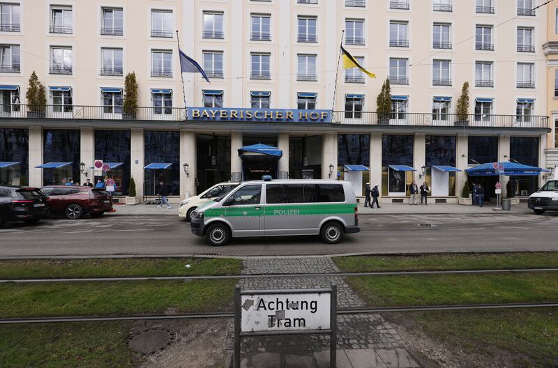 A police vehicle in front of the Bayerischer Hof hotel, where the conference will take place. EPA